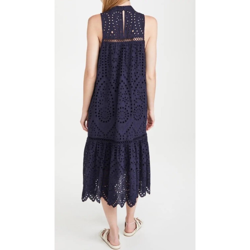 New Sussan Women’s Midi Dress Navy Blue Broderie Scallop Hem Cotton Size L 14 - Picture 3 of 10
